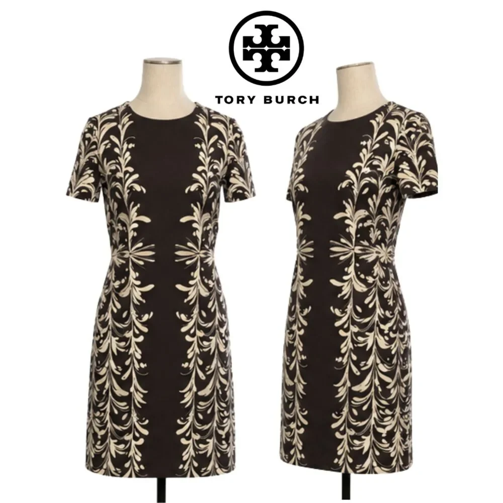 Tory Burch Printed Sheath Mini Dress XS Brown Ivory Short Sleeve Stretch